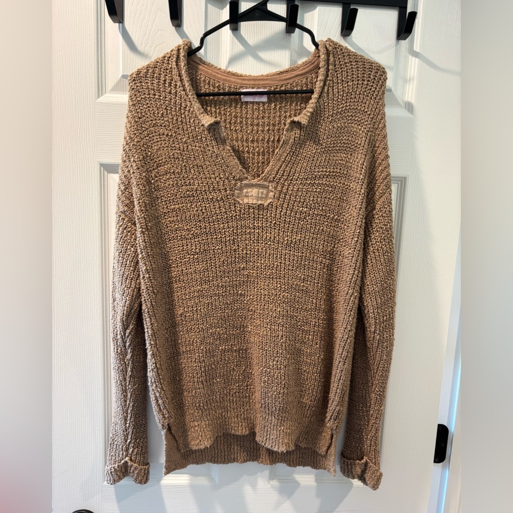 Women’s Distressed V-Neck Knit Sweater -  Tan Size Small